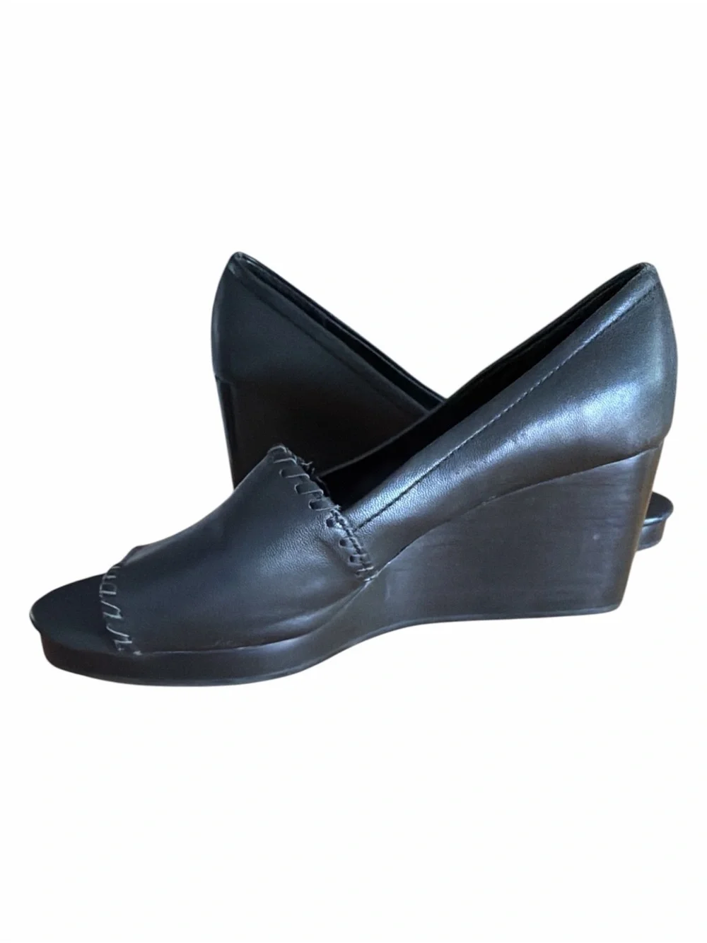 Jack Rogers Black Leather Peep-Toe Wedge Sandals
